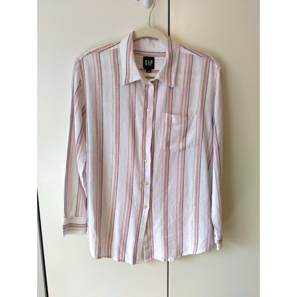 Gap Womens Linen Blend Boyfriend Fit Button Down Shirt Size XS Striped Oversized